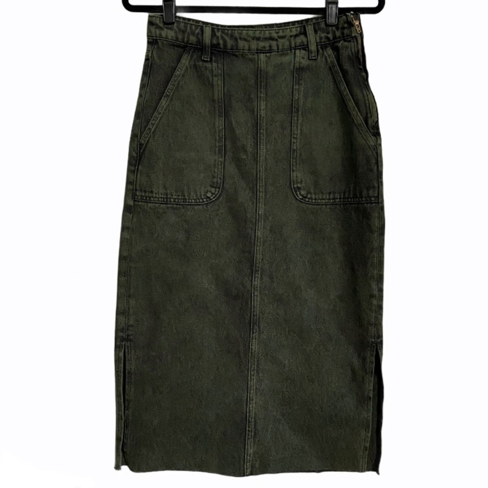 Zara Midi Frayed Green Denim Side Split Skirt XS